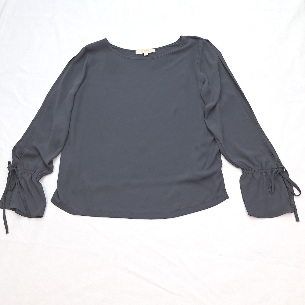 LOFT Blouse‎ Womens Medium Gray Flowy Long Split Sleeve Tie Cuff